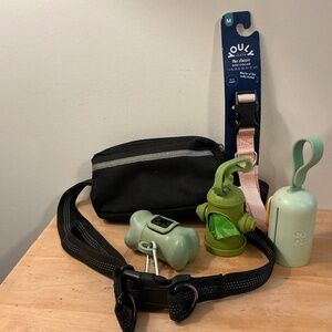 Dog Walkers Essentials, Zipper Belt Bag, 3 Waste bag dispensers, and pink collar